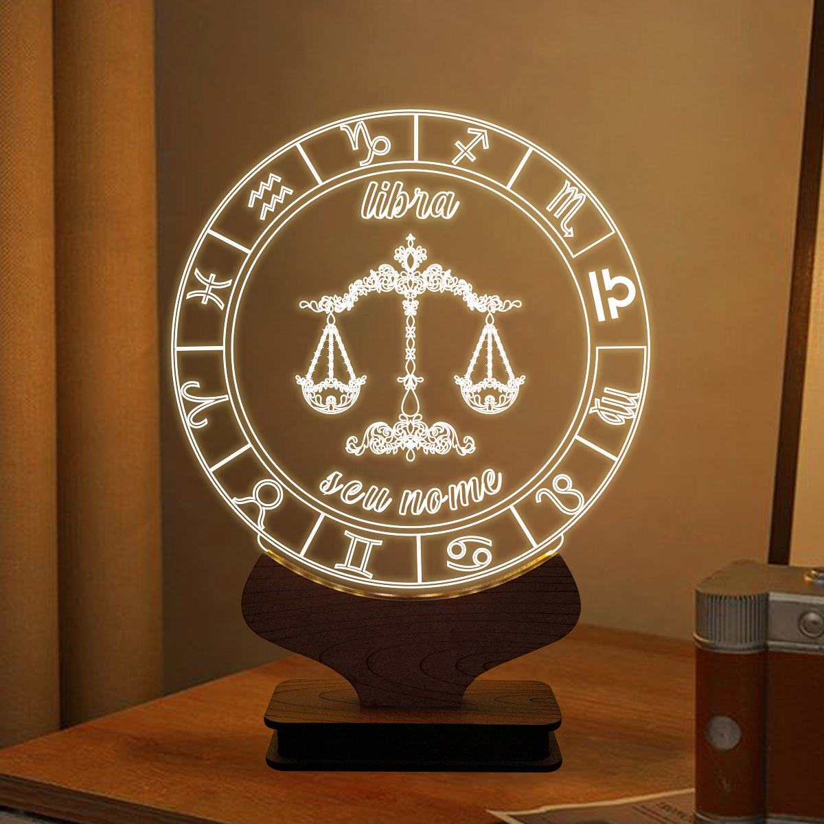 Lumin ria de mesa abajur led personalizada signo libra Planeta Wood